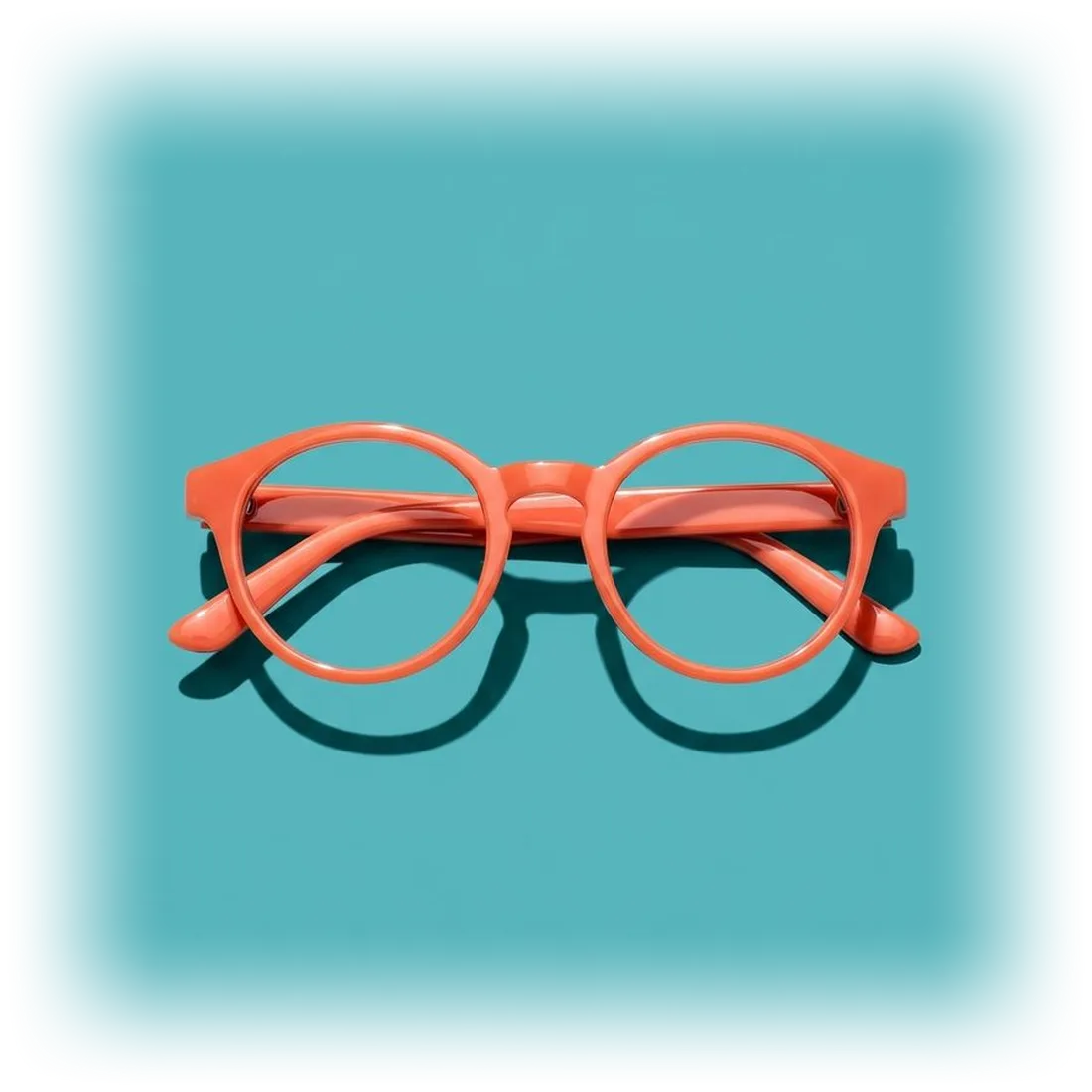 Round coral eyeglasses resting on a bright teal surface